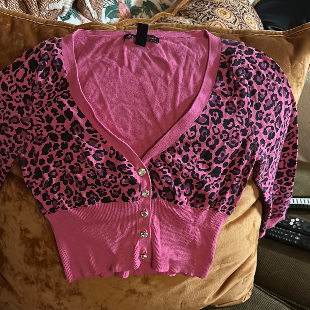 Betsey Johnson Pink Black Button Down Crop Top